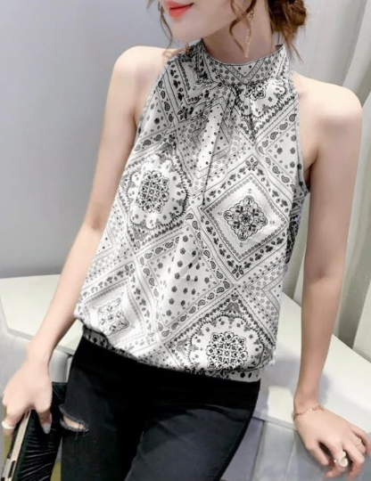 Pretty Block Print Sleeveless Top, Black or White, Summer Top, Bandana Print Halter-neck Blouse