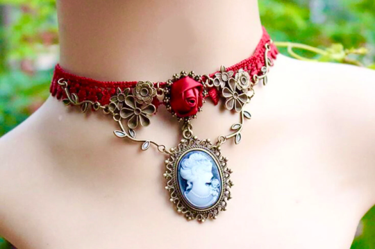 Red Lace Cameo Choker Necklace jewelry, Women Gothic Victorian Red Lace, Gold, Pendant Ladies Jewellery Collar Steampunk, Fashion Cameo