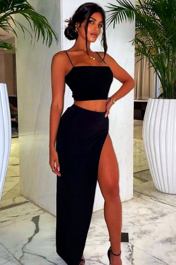 Black Spaghetti Strap Square Neck Crop Top, Maxi Skirt Slit Hem, Black Two Piece Co ord Set