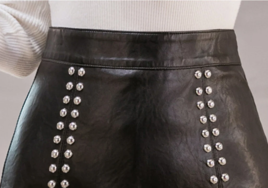 Black High Waist Studded Faux Leather Skirt, Short Black Mini Skirt