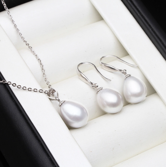 Natural Pearl Necklace and Earrings Set, 925 Silver, Classy Pearl Necklace, Pearl Drop Earrings, Pearl, Necklace