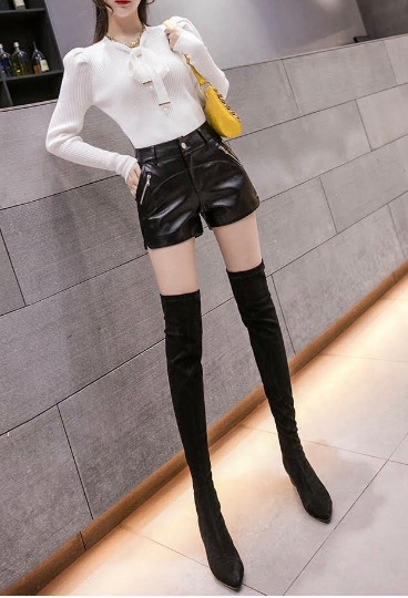 Black High Waist Faux Leather Shorts, Hot Pants