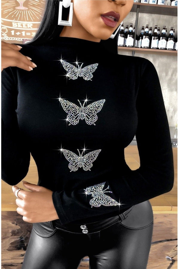 Butterfly Bling Babe Long Sleeve Turtleneck Top - Hayati London