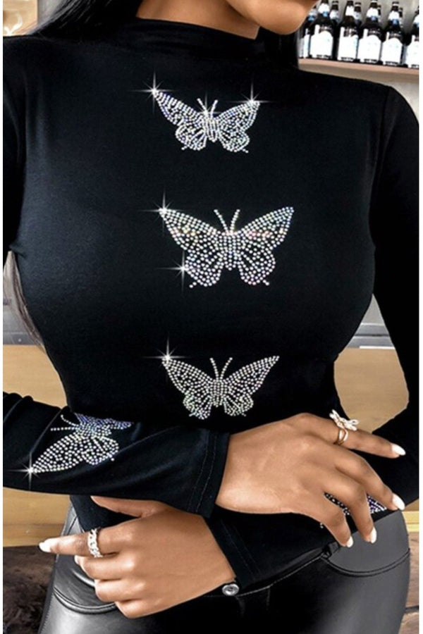 Butterfly Bling Babe Long Sleeve Turtleneck Top - Hayati London