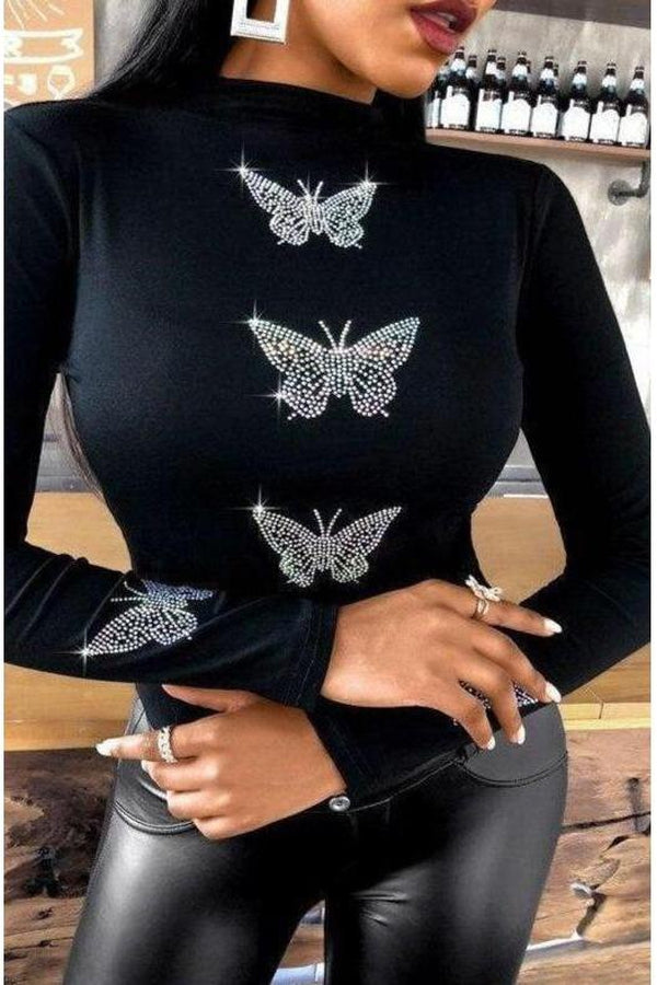 Butterfly Bling Babe Long Sleeve Turtleneck Top - Hayati London