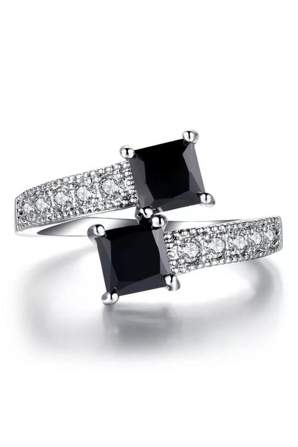 Elegant Double Black Stone and Cubic Zirconia Ring, Silver finish. - Hayati London