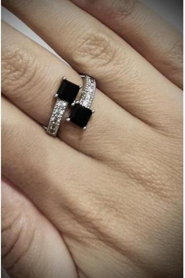 Elegant Double Black Stone and Cubic Zirconia Ring, Silver finish. - Hayati London