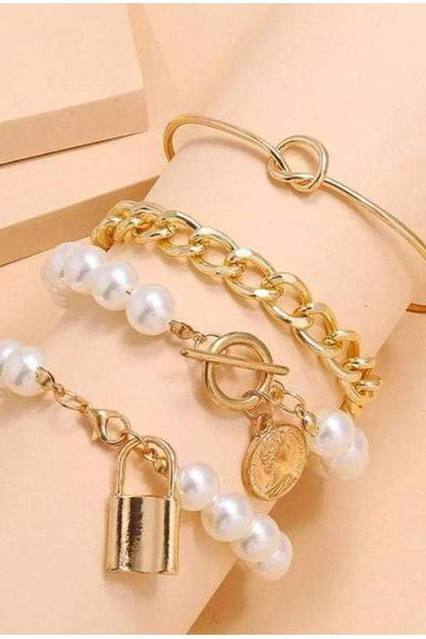 Four Piece Bracelet:  Punk Gothic Pearls Gold Lock Knot for Women Fashion - An Amazing Offer Elegant Jewellary Set for Any Occasion - Hayati London