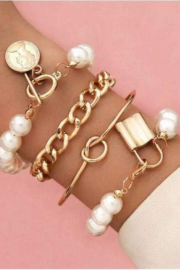 Four Piece Bracelet:  Punk Gothic Pearls Gold Lock Knot for Women Fashion - An Amazing Offer Elegant Jewellary Set for Any Occasion - Hayati London