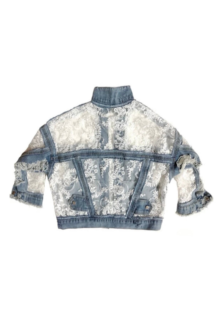 White Floral Lace Frayed Denim Jacket, Sheer Mesh Lace Hollow Out Patchwork Design