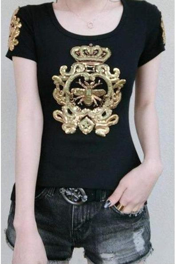 Queen Bee Glitter Gold Sequined Black Tee - Hayati London