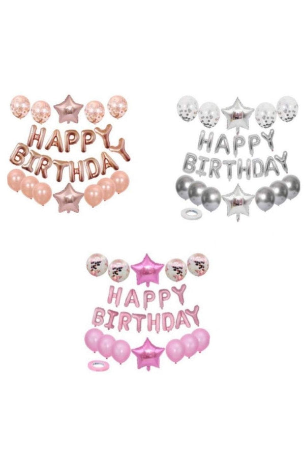 Happy Birthday Foil Balloon Pack, Rose Gold, Silver, Pink, Party Balloons - Hayati London