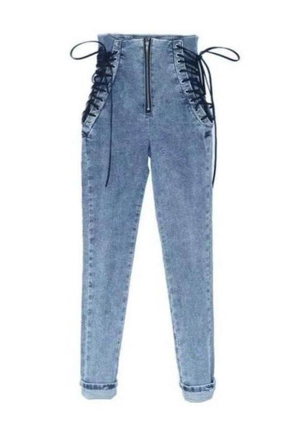 High Waisted Lace Up Zip Front Skinny Blue Wash Jeans - Hayati London