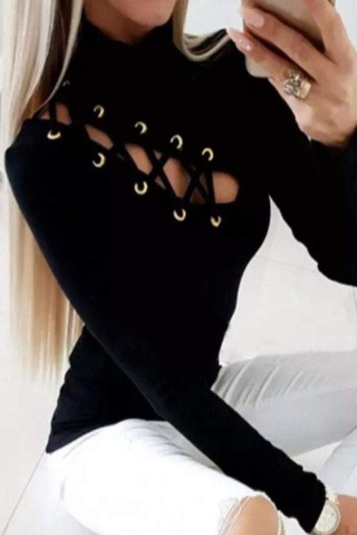 Asymmetrical Hollow Out Lace Up Turtleneck Long Sleeve Bodycon Top - Hayati London