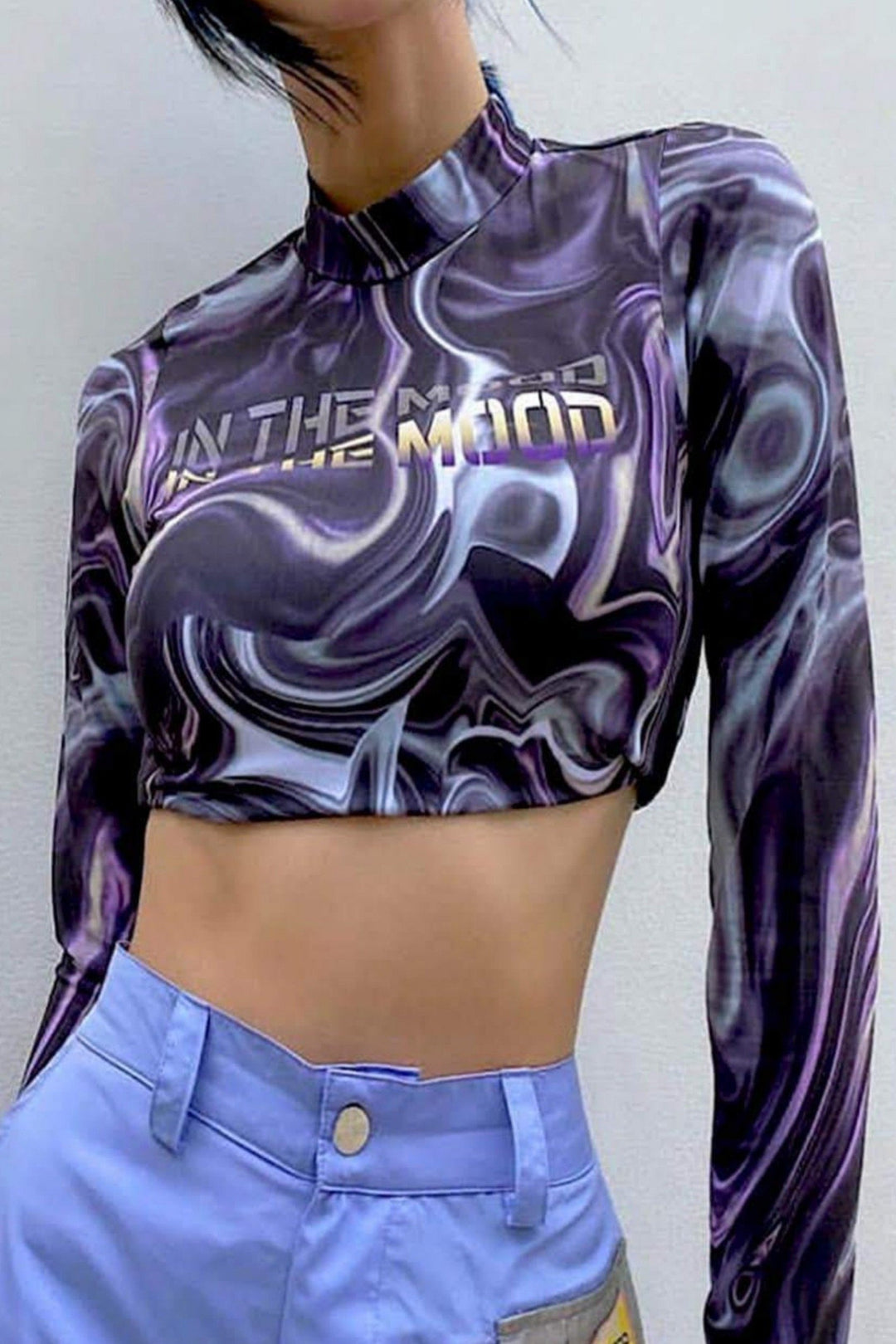 Crop Top, Purple, Blue, White, Black, Grey Psychedelic Print Short Top with Long Sleeves - Hayati London