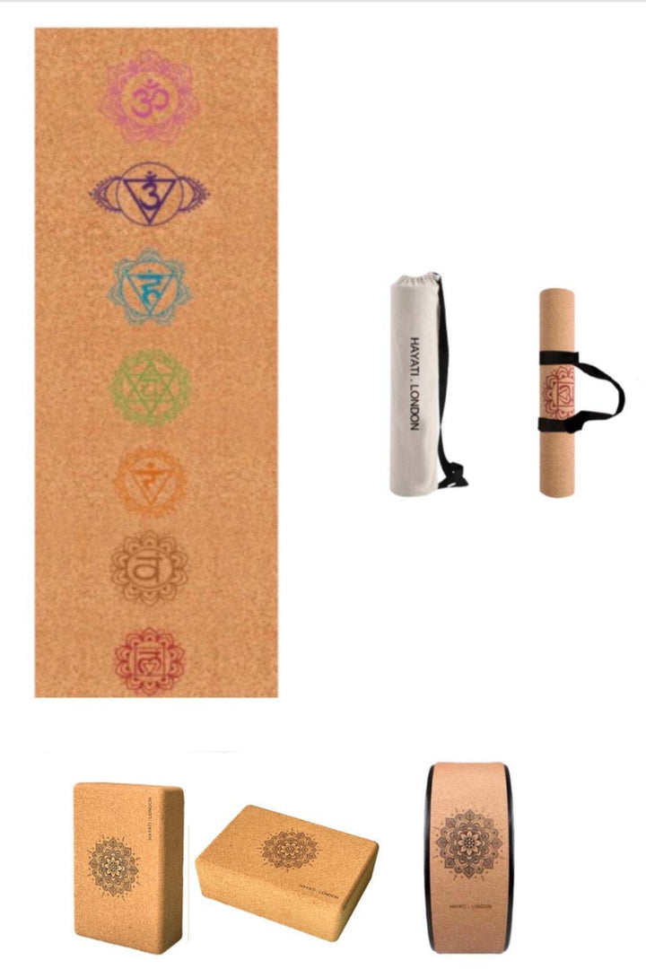 Yoga Mat Starter Set - Includes: Natural Cork Yoga Mat + Strap + Carry Case + 2 x Yoga Blocks + Yoga Wheel. 5 Designs.  Perfect - Hayati London