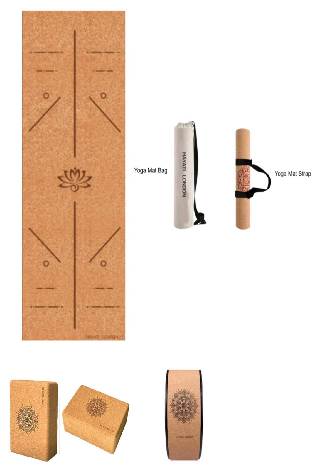 Yoga Mat Starter Set - Includes: Natural Cork Yoga Mat + Strap + Carry Case + 2 x Yoga Blocks + Yoga Wheel. 5 Designs.  Perfect - Hayati London