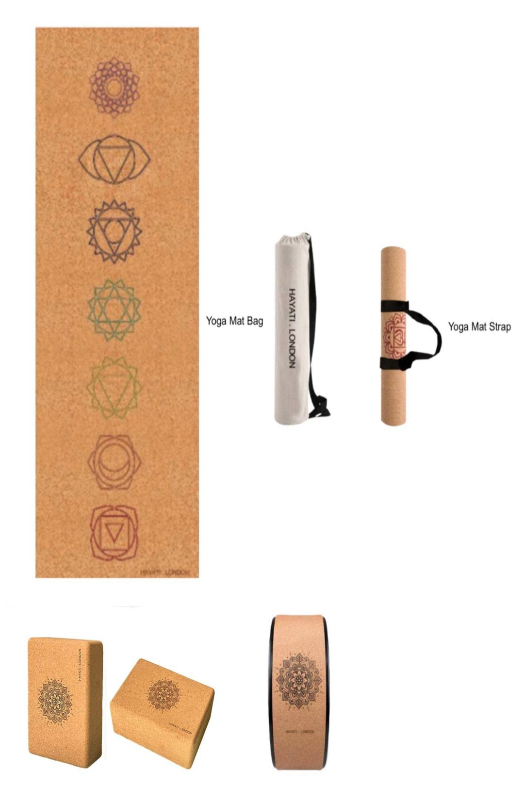 Yoga Mat Starter Set - Includes: Natural Cork Yoga Mat + Strap + Carry Case + 2 x Yoga Blocks + Yoga Wheel. 5 Designs.  Perfect - Hayati London