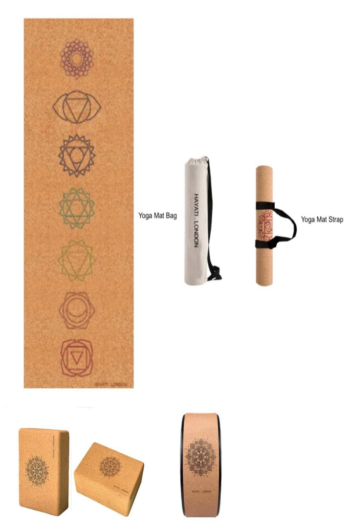 Yoga Mat Starter Set - Includes: Natural Cork Yoga Mat + Strap + Carry Case + 2 x Yoga Blocks + Yoga Wheel. 5 Designs.  Perfect - Hayati London