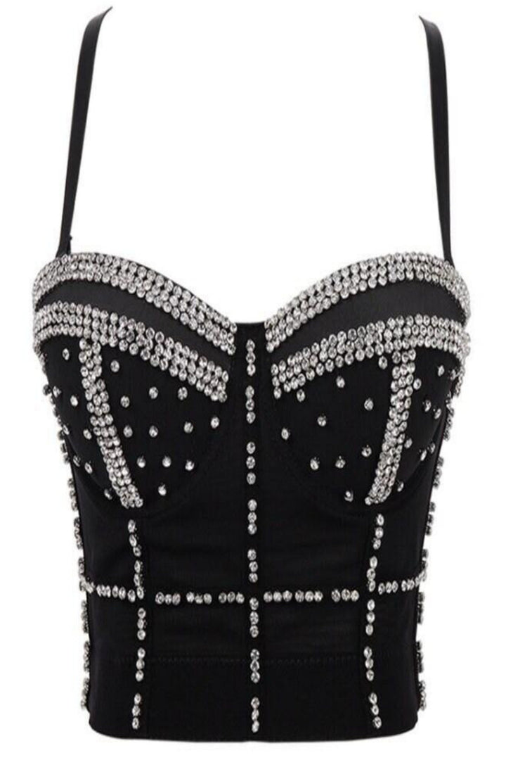 Rhinestone Diamond Bustier, Crop Top, Black, Nude colors, Stunning Sparkly Top - Hayati London