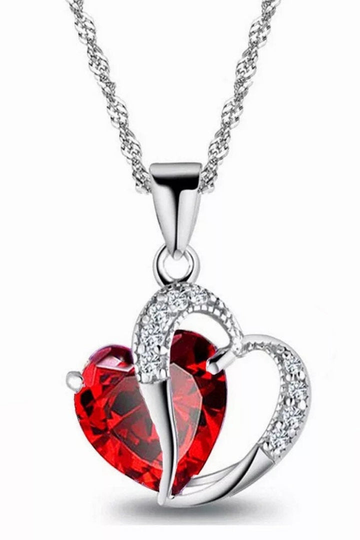 Ladies' Heart Pendant Necklace, Silver finish, Rhinestone Red Crystal Pendant, Stunning Design, Water wave Chain, Special Gift Jewelry