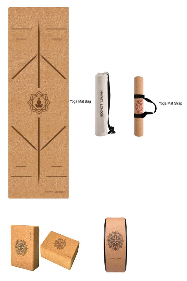 Yoga Mat Starter Set - Includes: Natural Cork Yoga Mat + Strap + Carry Case + 2 x Yoga Blocks + Yoga Wheel. 5 Designs.  Perfect - Hayati London