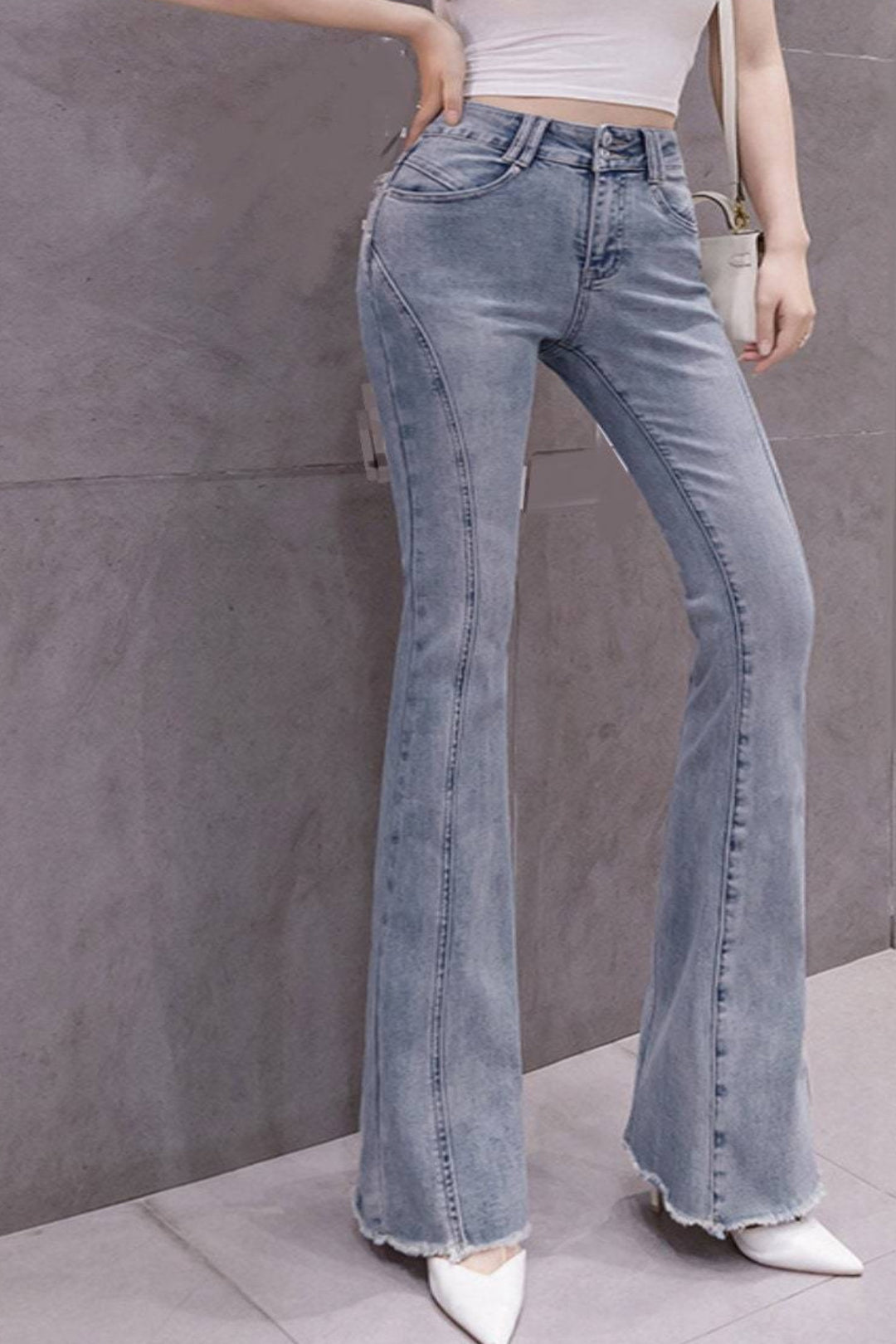 Flared Jeans, High Waist, Flared, Bootcut Paneled leg, Stretch Jeans with Frayed Hem. Boho, Retro. Casual, Smart wear - Hayati London