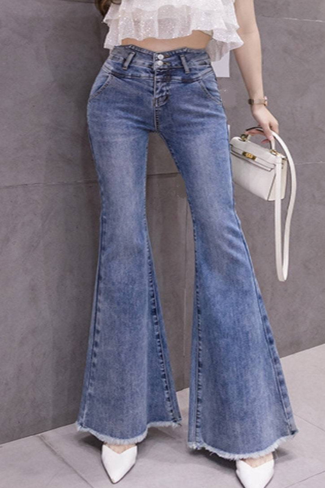 High Waisted Jeans, Unique Waist, Frayed Hem, Flared, Bootcut, Stretch Denim pants, ideal everyday wear. Boho, Hippie, Retro look - Hayati London