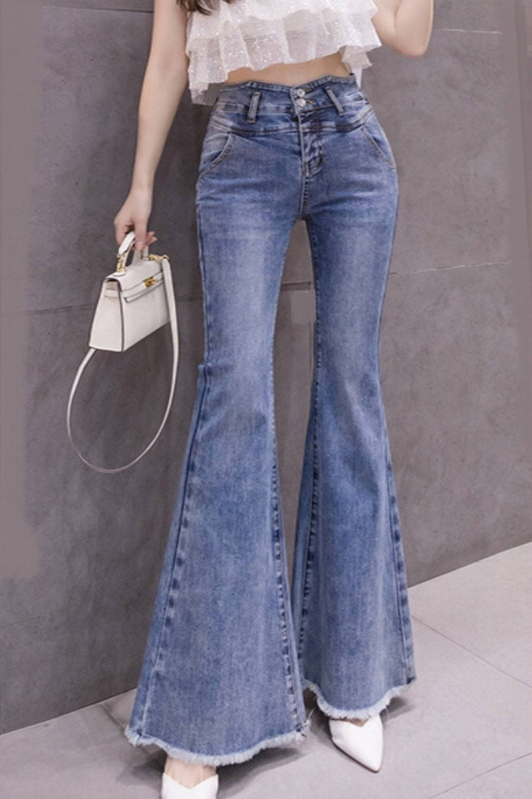 High Waisted Jeans, Unique Waist, Frayed Hem, Flared, Bootcut, Stretch Denim pants, ideal everyday wear. Boho, Hippie, Retro look - Hayati London