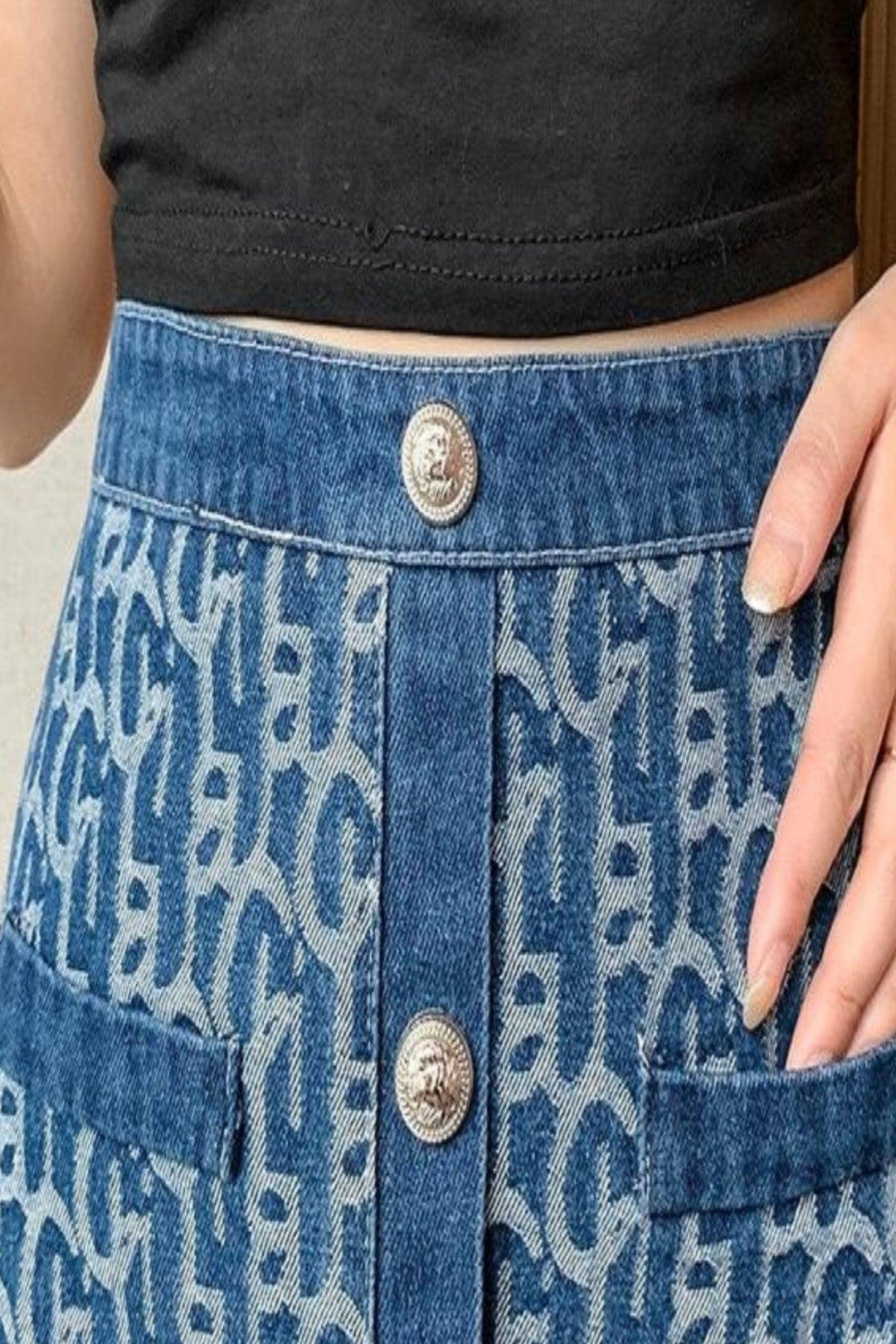 Denim Skirt, High Waist with front Button and Embossed White thread Pattern, Lined, Jeans Skirt - Hayati London