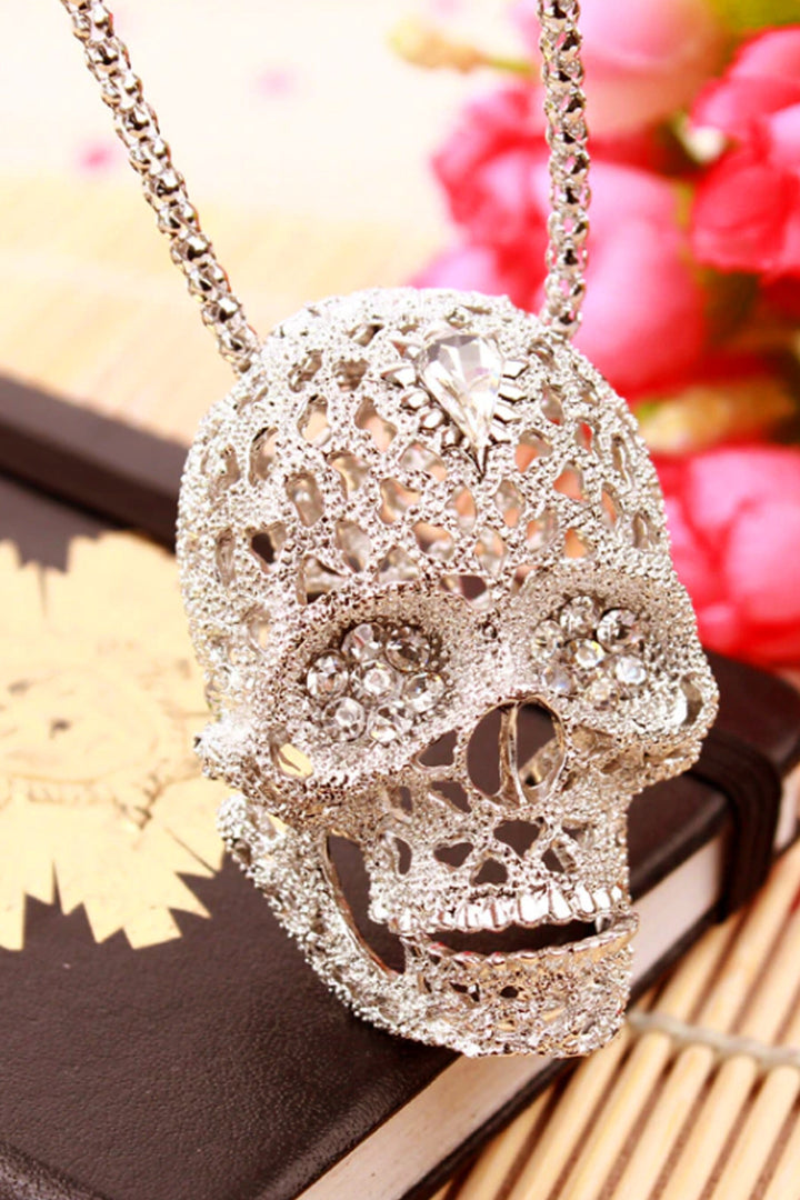 Skull Necklace, Inlaid Rhinestone Crystals, Lower Jaw Moves, Silver Finish, Chain Pendant Skull Necklace. Stunning Gift