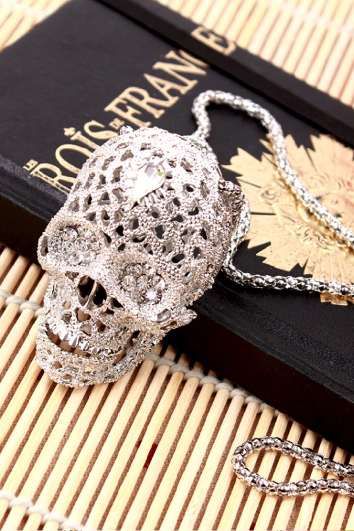 Skull Necklace, Inlaid Rhinestone Crystals, Lower Jaw Moves, Silver Finish, Chain Pendant Skull Necklace. Stunning Gift