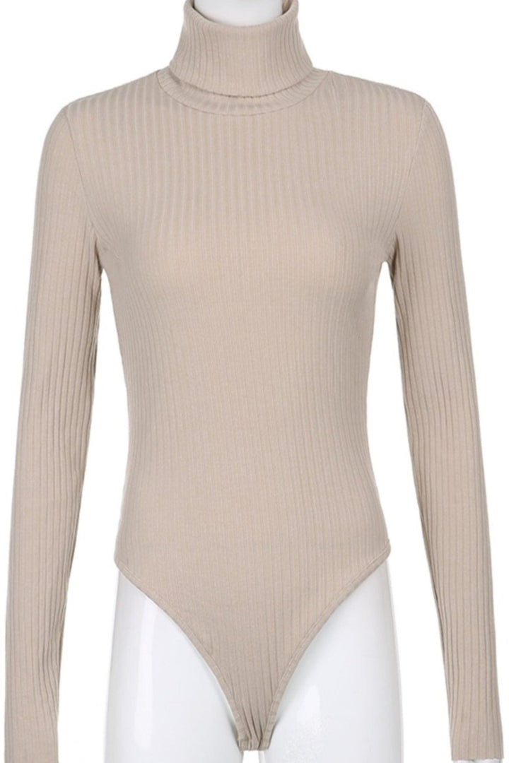 Ribbed Knit Jersey Turtleneck Bodycon Bodysuit, Available in Black & Beige