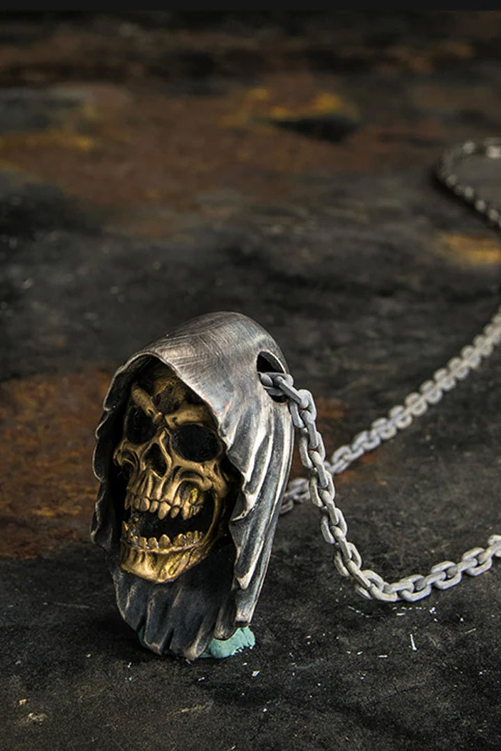 Skull Pendant Necklace, Gold & Antique Silver Finish, Grim Reaper, Men's Fashion, Punk, Biker, Halloween,  Gift (48 Hour Dispatch)