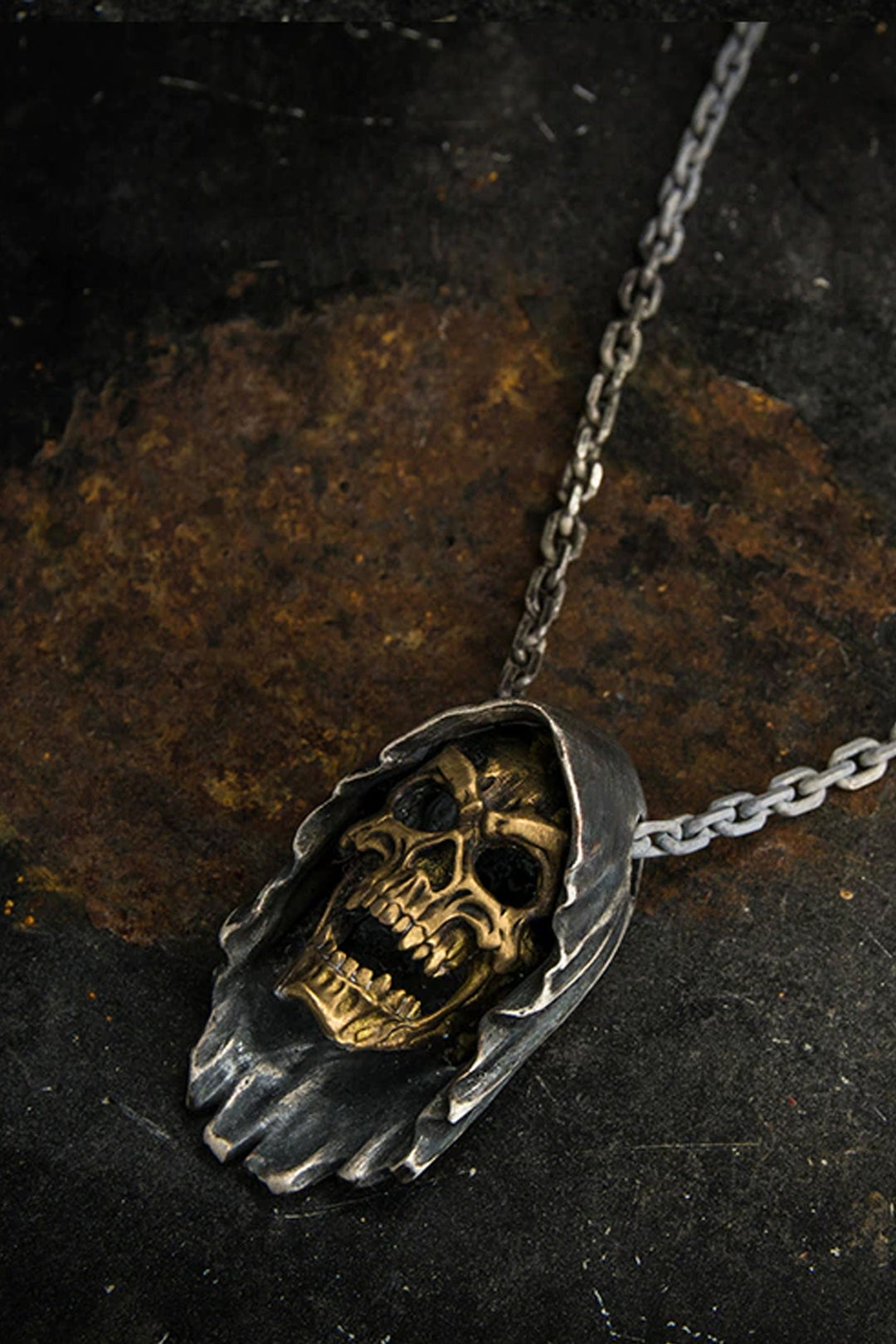 Skull Pendant Necklace, Gold & Antique Silver Finish, Grim Reaper, Men's Fashion, Punk, Biker, Halloween,  Gift (48 Hour Dispatch)