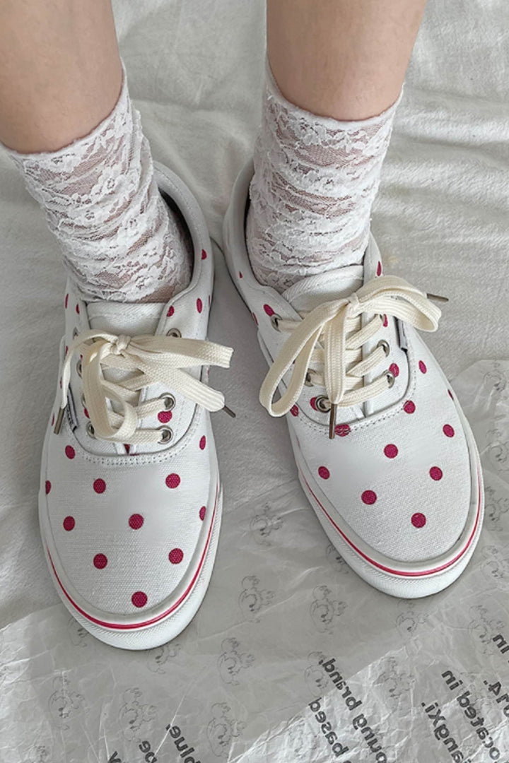 White Sneakers, Red Polka Dot Design, Canvas Shoes, Lace Up Shoes