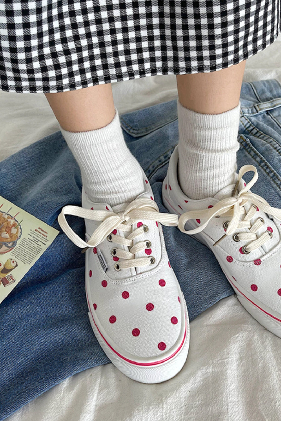 White Sneakers, Red Polka Dot Design, Canvas Shoes, Lace Up Shoes