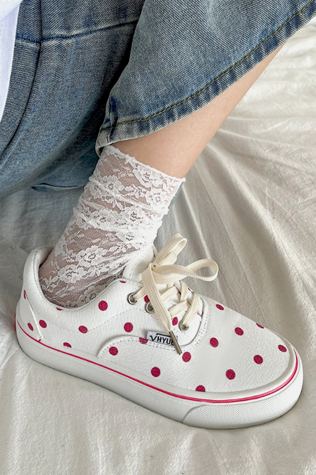 White Sneakers, Red Polka Dot Design, Canvas Shoes, Lace Up Shoes