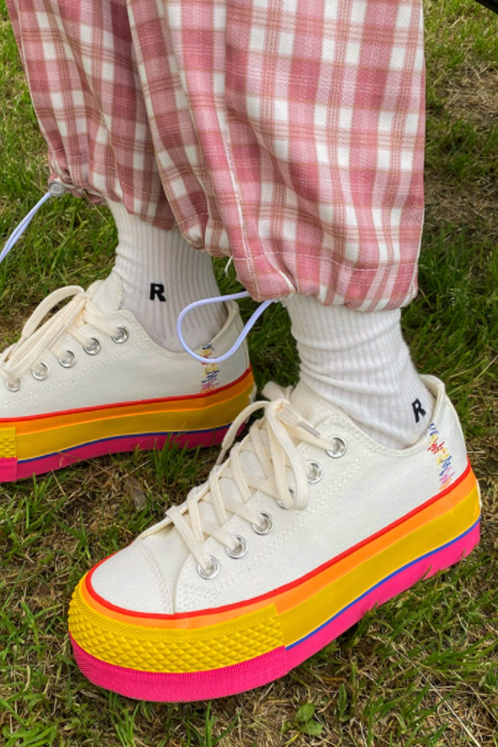 Chunky Rainbow Platform Heel Ox White Sneakers, Platform Canvas Shoes, Unisex Trainers