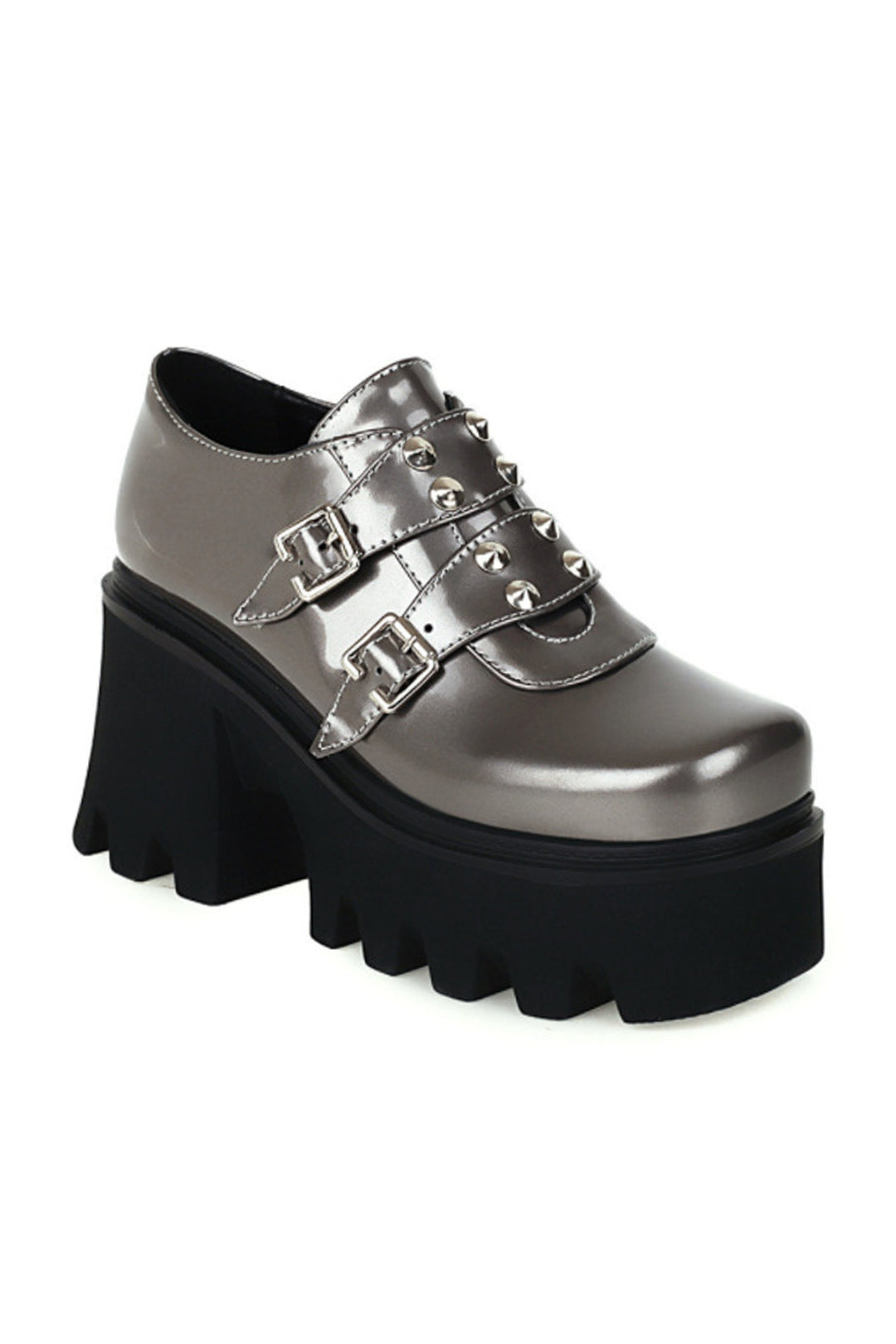 Chunky Treaded Platform Oxford Shoes, High Block Heel, Available in Black Patent & Silver Patent