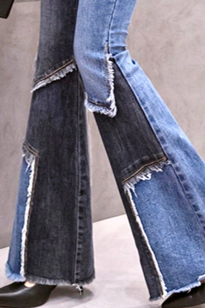 Y2K Black & Dark Blue Wash Patchwork Paneled Denim Jeans, High Rise Flare Mom Jeans