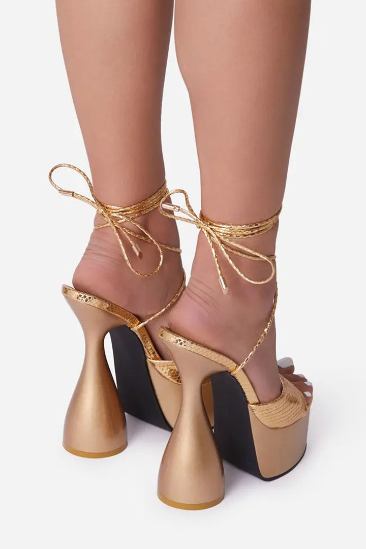 Gold Snake Print Lace Up Cylinder Extreme Platform Heels, Strappy Sandal Platform Heels, Peep Toe Heels