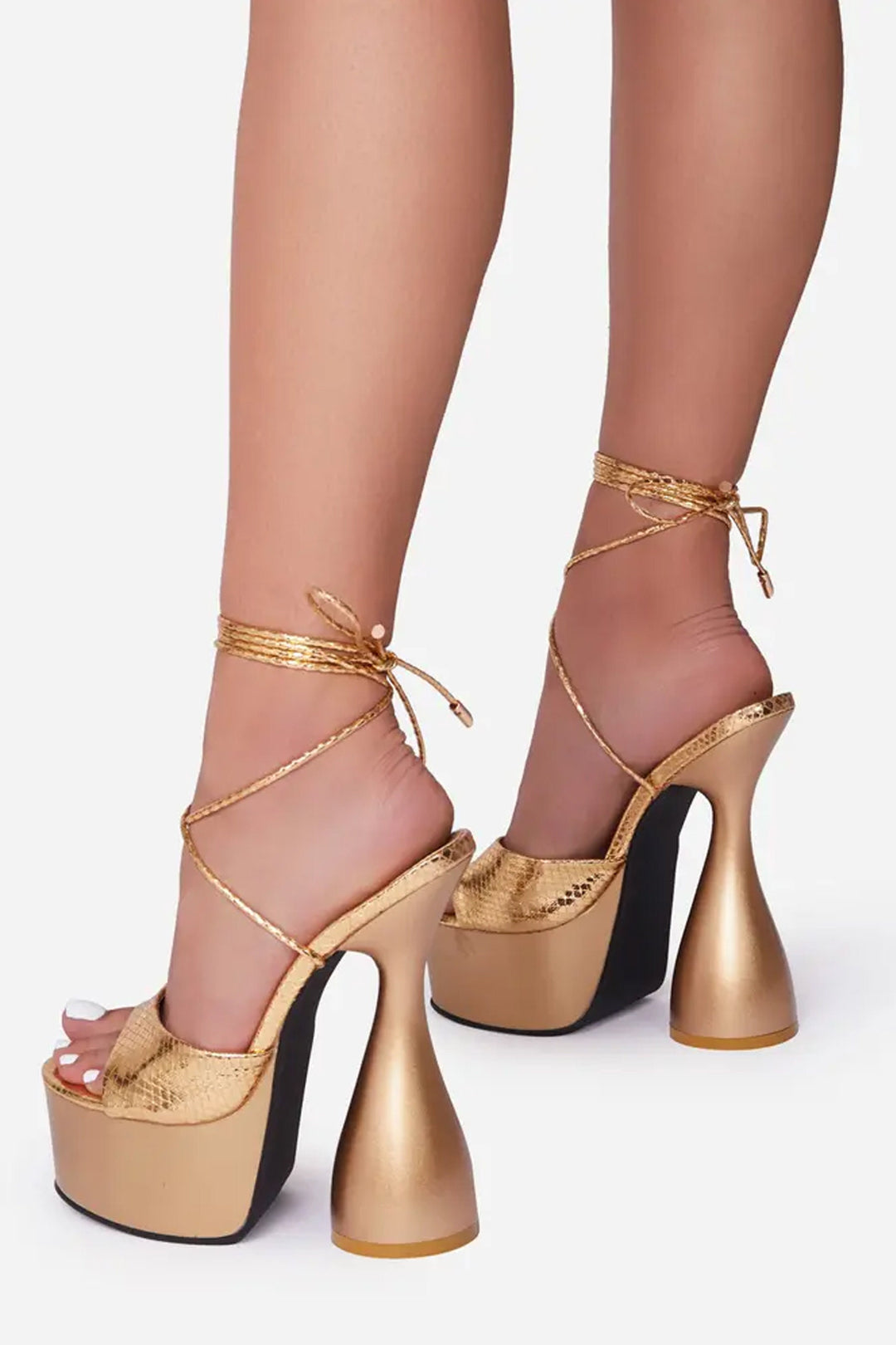 Gold Snake Print Lace Up Cylinder Extreme Platform Heels, Strappy Sandal Platform Heels, Peep Toe Heels