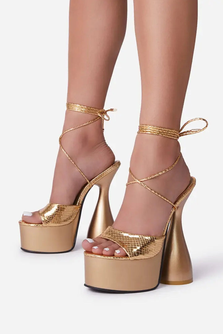 Gold Snake Print Lace Up Cylinder Extreme Platform Heels, Strappy Sandal Platform Heels, Peep Toe Heels