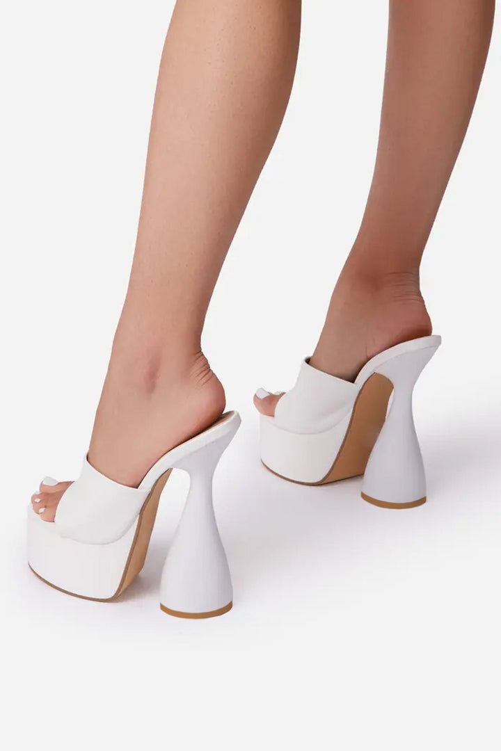 Pearl White Peep Toe Cylinder Platform Heel Mules,  Platform Statement Heel, Faux Leather