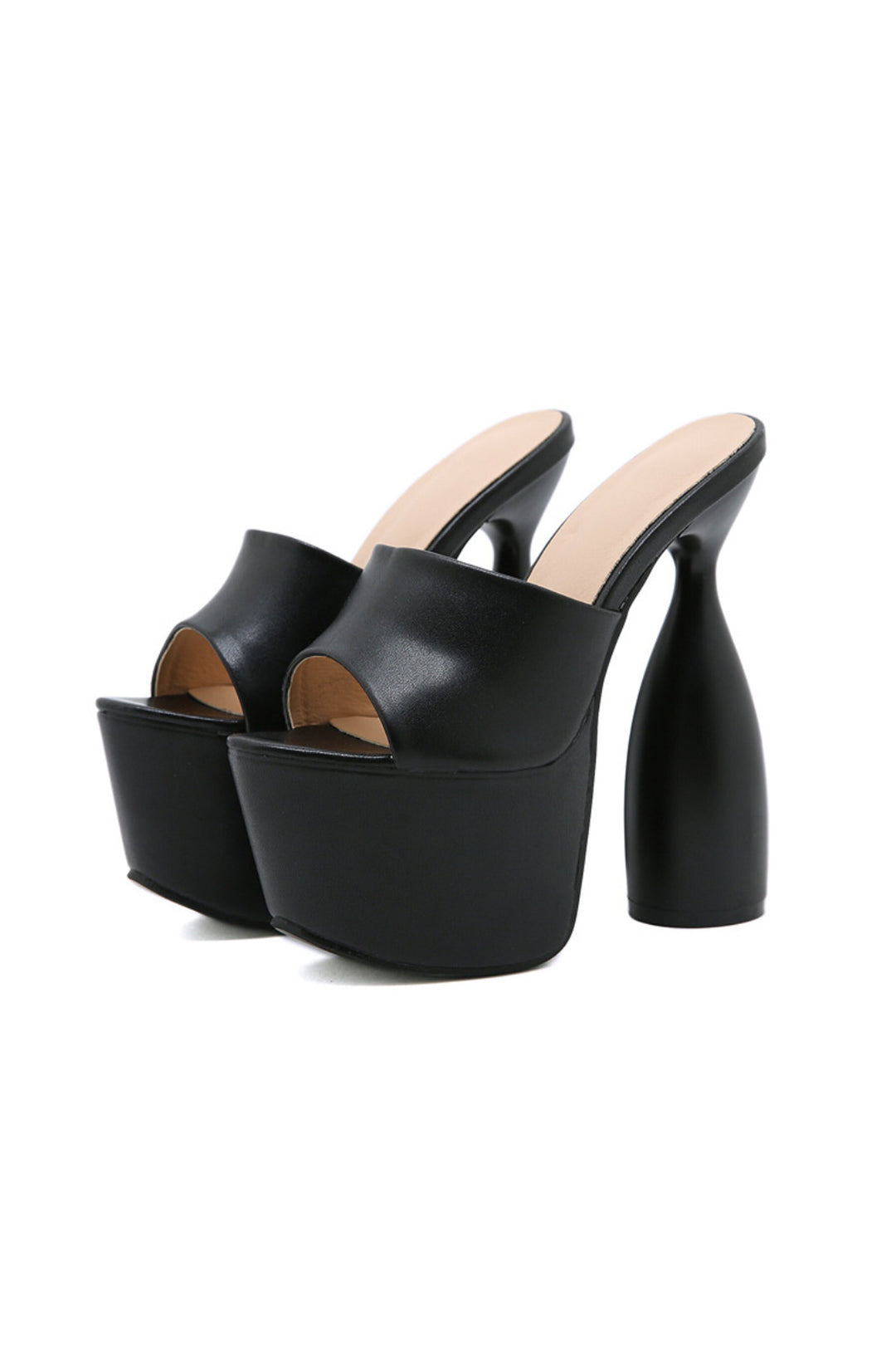 Black Peep Toe Cylinder Platform Heel Mules,  Platform Statement Heel, Faux Leather