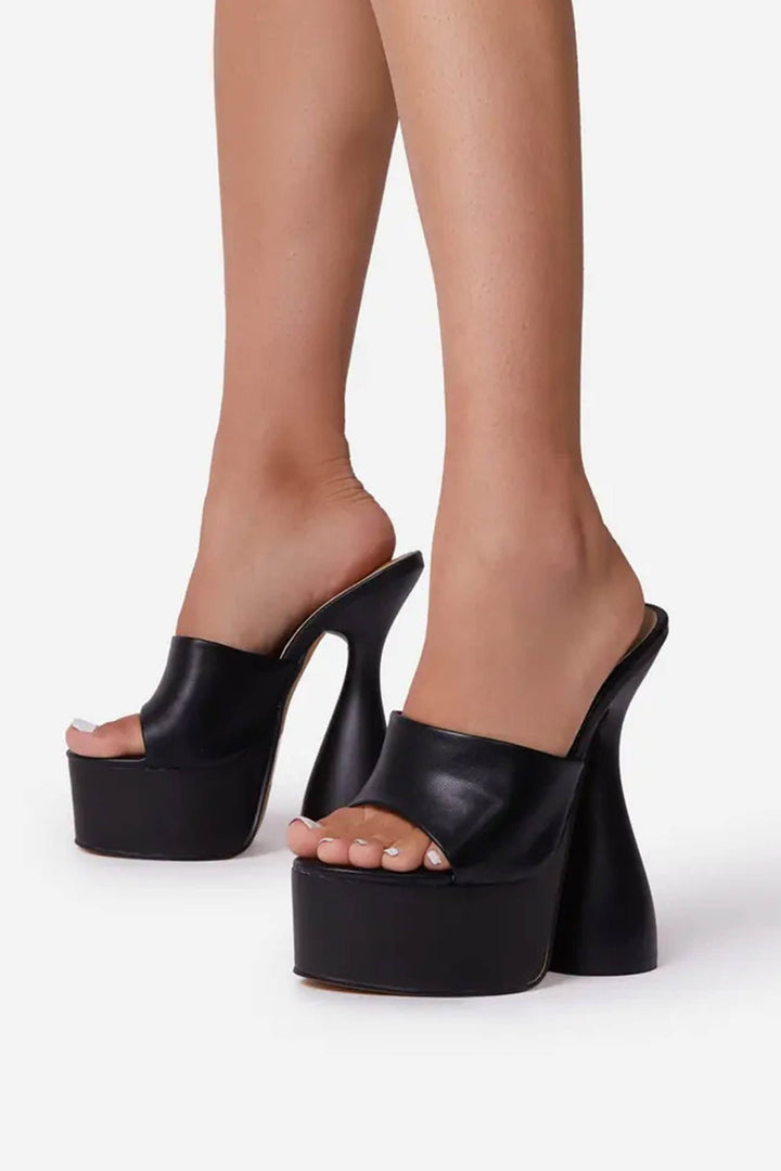 Black Peep Toe Cylinder Platform Heel Mules,  Platform Statement Heel, Faux Leather