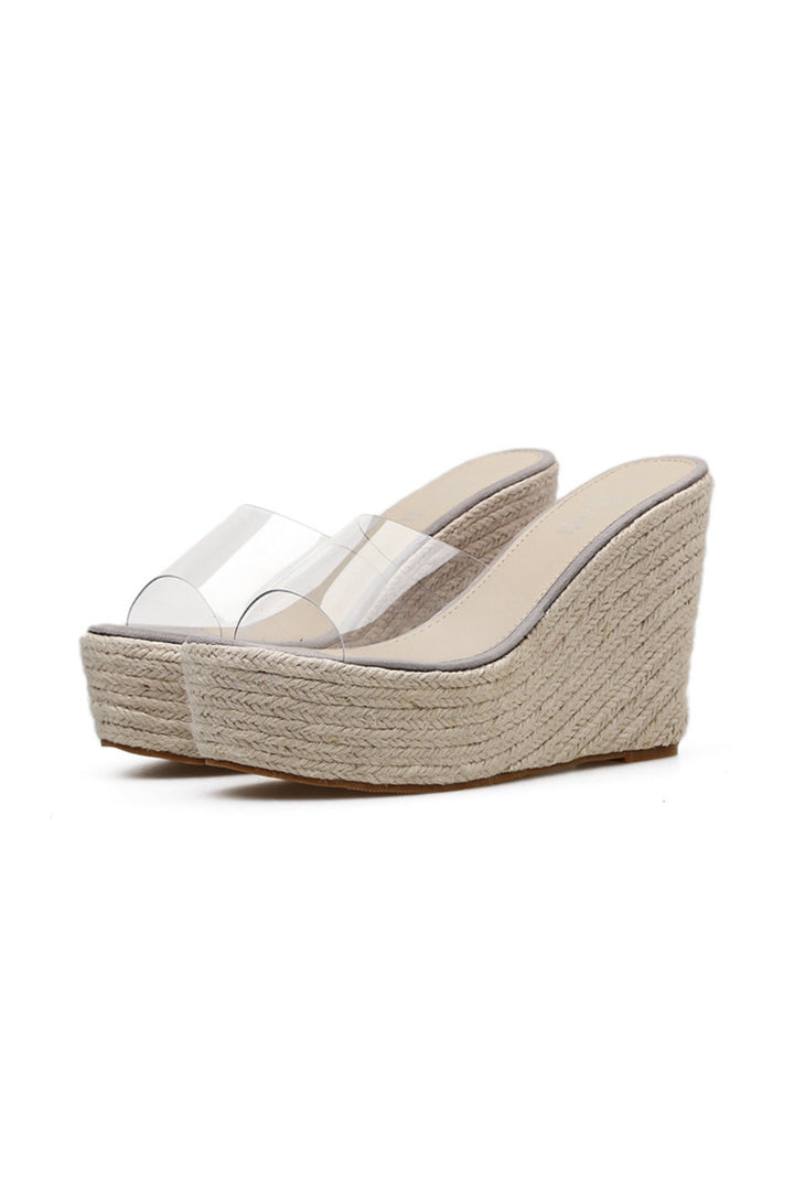 Clear Espadrille Heeled Extreme Platform Wedge Mules, Chunky Straw Platform Mules