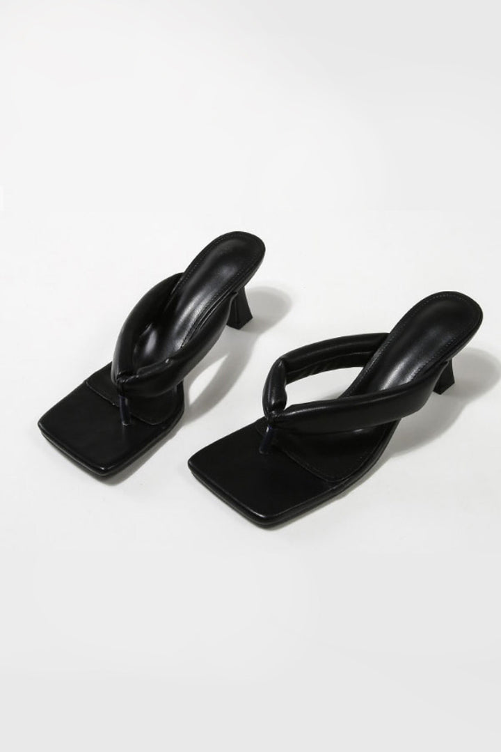 Minimalist Black Thong Stiletto Heeled Sandals, Square Toe Sandal Heels, Flip Flop Heels