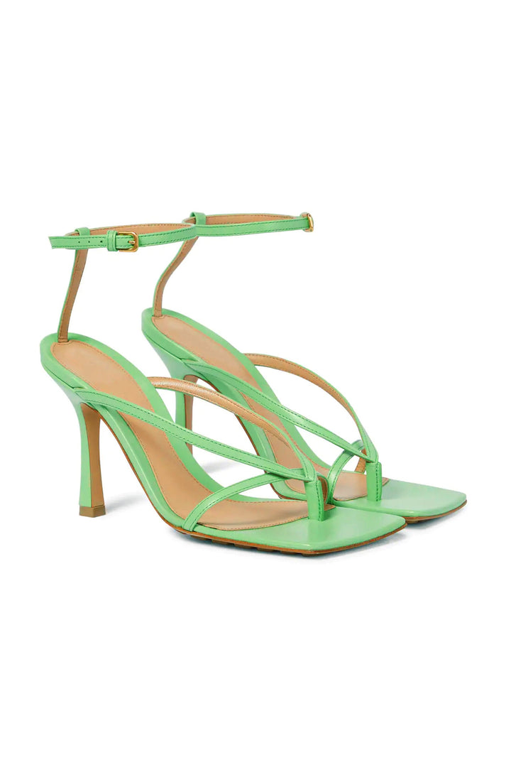 Strappy Square Toe Stiletto Sandal Heels, Ankle Strap Mid Heel Sandals, Available in Three Colours